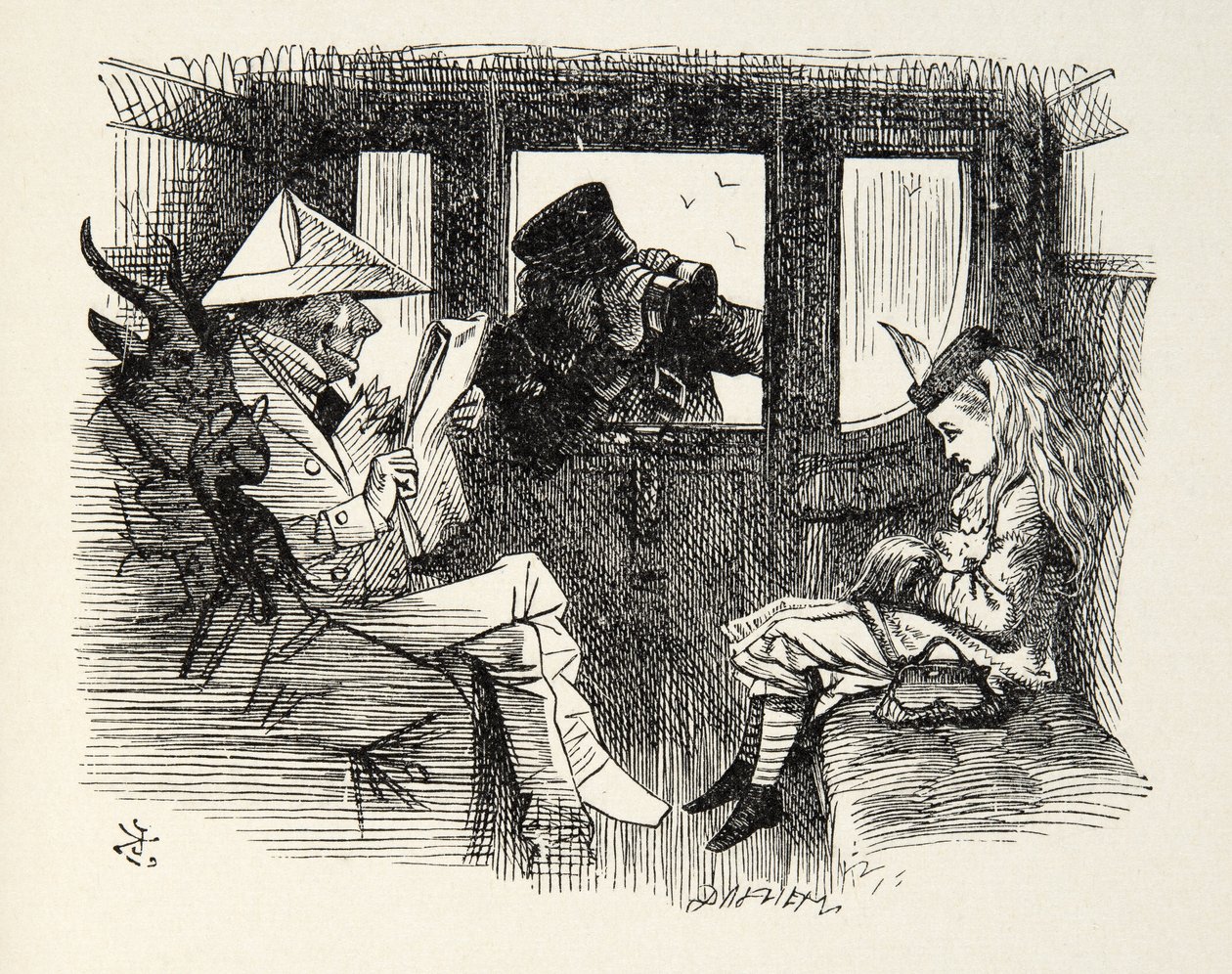Alice no trem de carruagem, ilustração de através do espelho por Lewis Carroll (1832 - 98), 1872 de John Tenniel