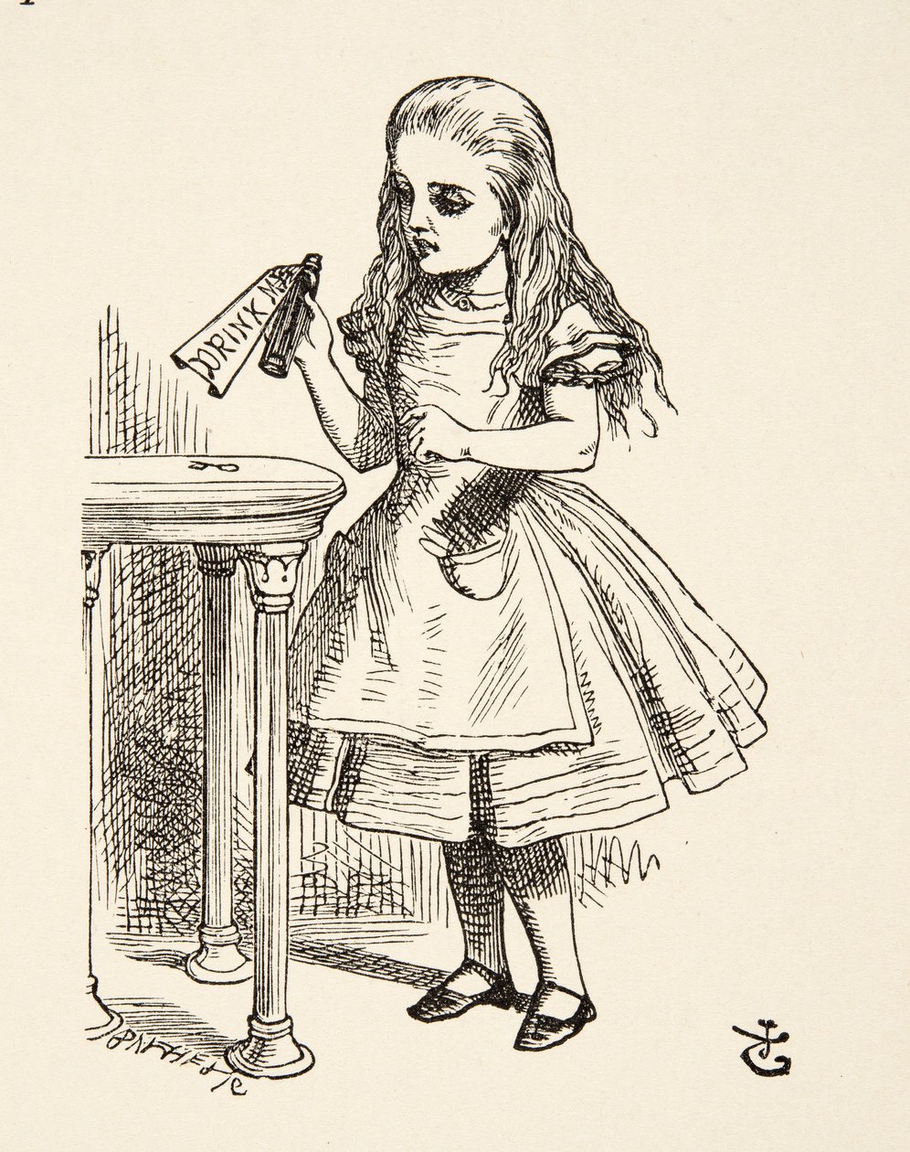 Alice espiando a garrafa de Drink Me, de Alices Adventures in Wonderland, de Lewis Carroll (1832 - 98), pub. 1891 de John Tenniel