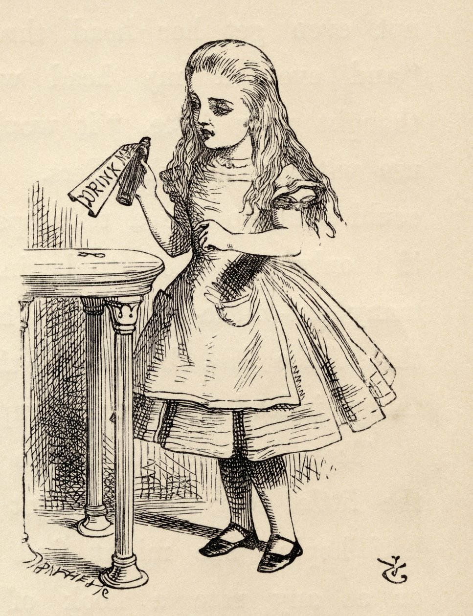 Alice espiando a garrafa Drink Me, de Alice no País das Maravilhas, de Lewis Carroll, publicada em 1891 de John Tenniel