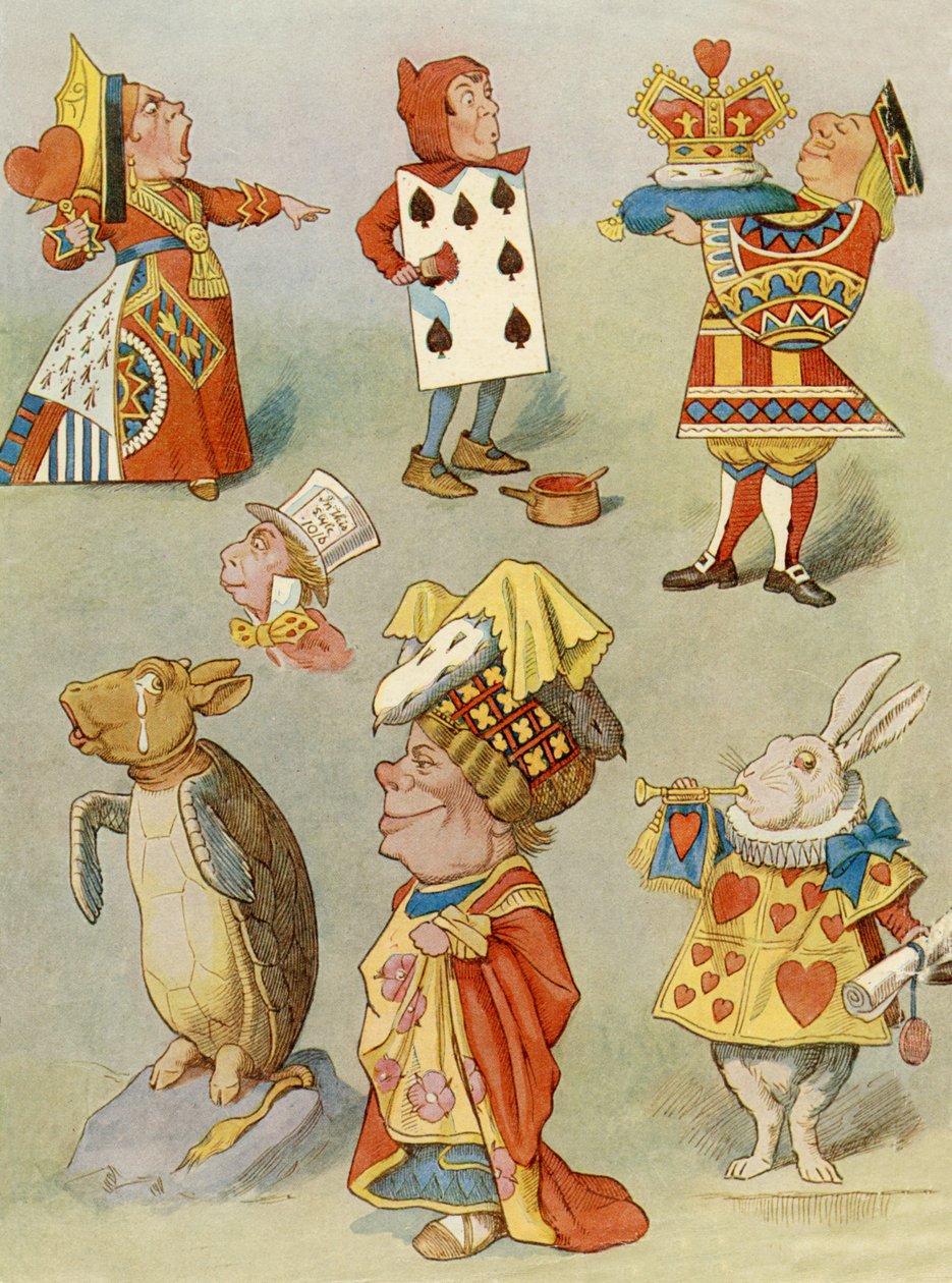 Personagens de Alice no País das Maravilhas (gravura a cores) de John Tenniel