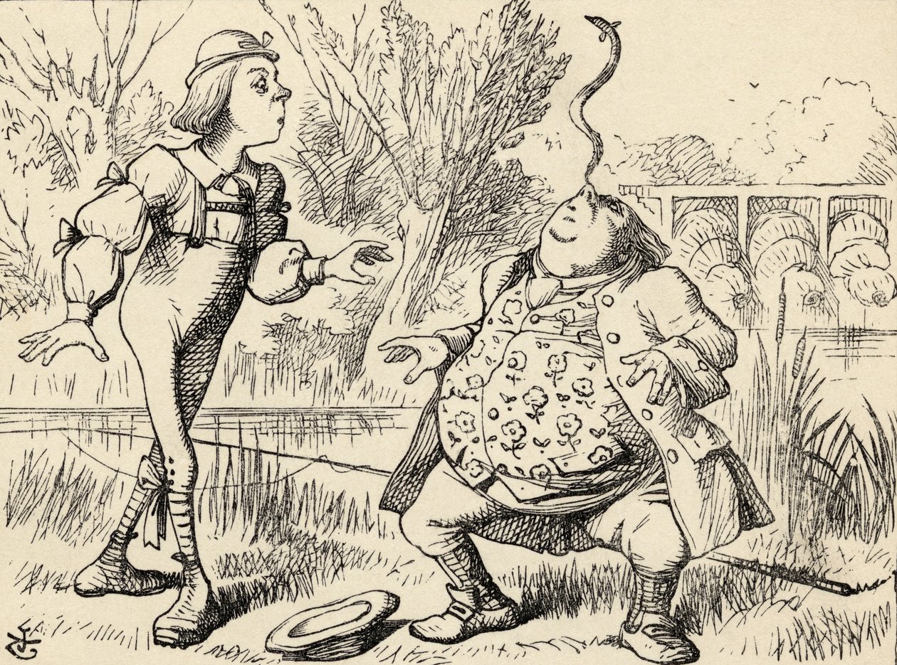 Padre William balançando uma enguia no nariz, de "Alice no País das Maravilhas", de Lewis Carroll, publicado em 1891 de John Tenniel