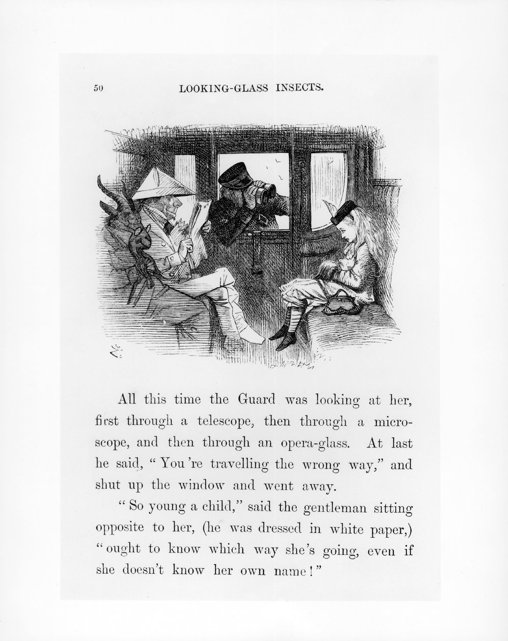 Insetos olhando de vidro, ilustração de &39;Alice através do espelho&39; por Lewis Carroll (1833-98) 1872 de John Tenniel
