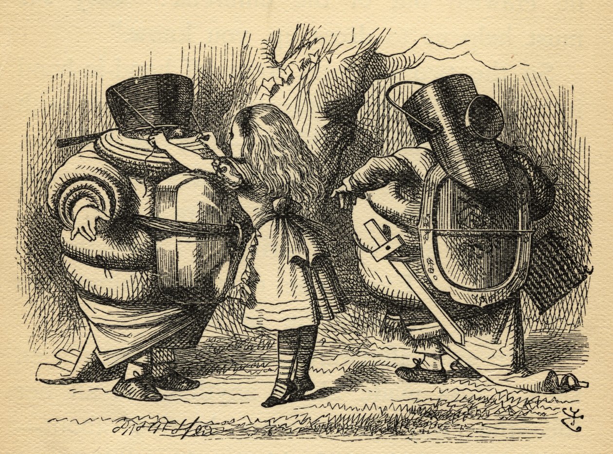 A Batalha sobre o Chocalho, ilustração de "Através do Espelho", de Lewis Carroll (1832-1898), publicada pela primeira vez em 1871 de John Tenniel