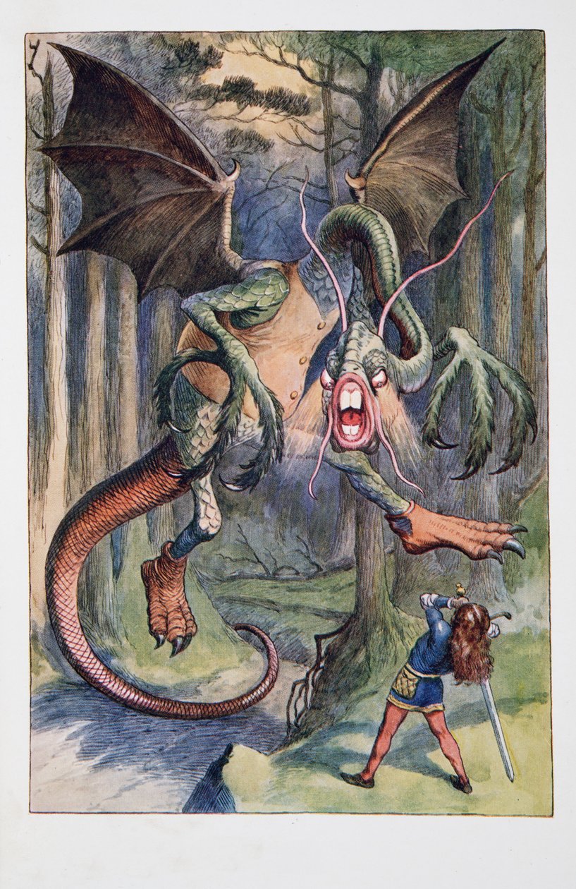 O Jaberwock, com olhos de fogo, veio voando através da Tulgey Wood, Alicia Adventures In Wonderland e através do espelho e que Alice encontrou lá, por Lewis Carroll (1832 - 98), publis de John Tenniel
