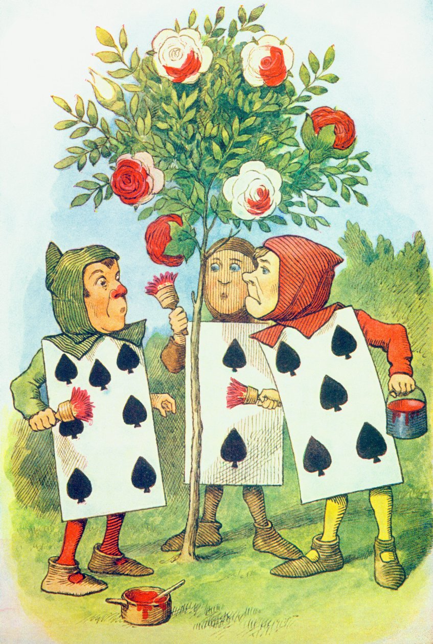 As cartas de baralho pintando o Rose Bush, ilustração de &39;Alice no País das Maravilhas&39; por Lewis Carroll (1832-9) de John Tenniel