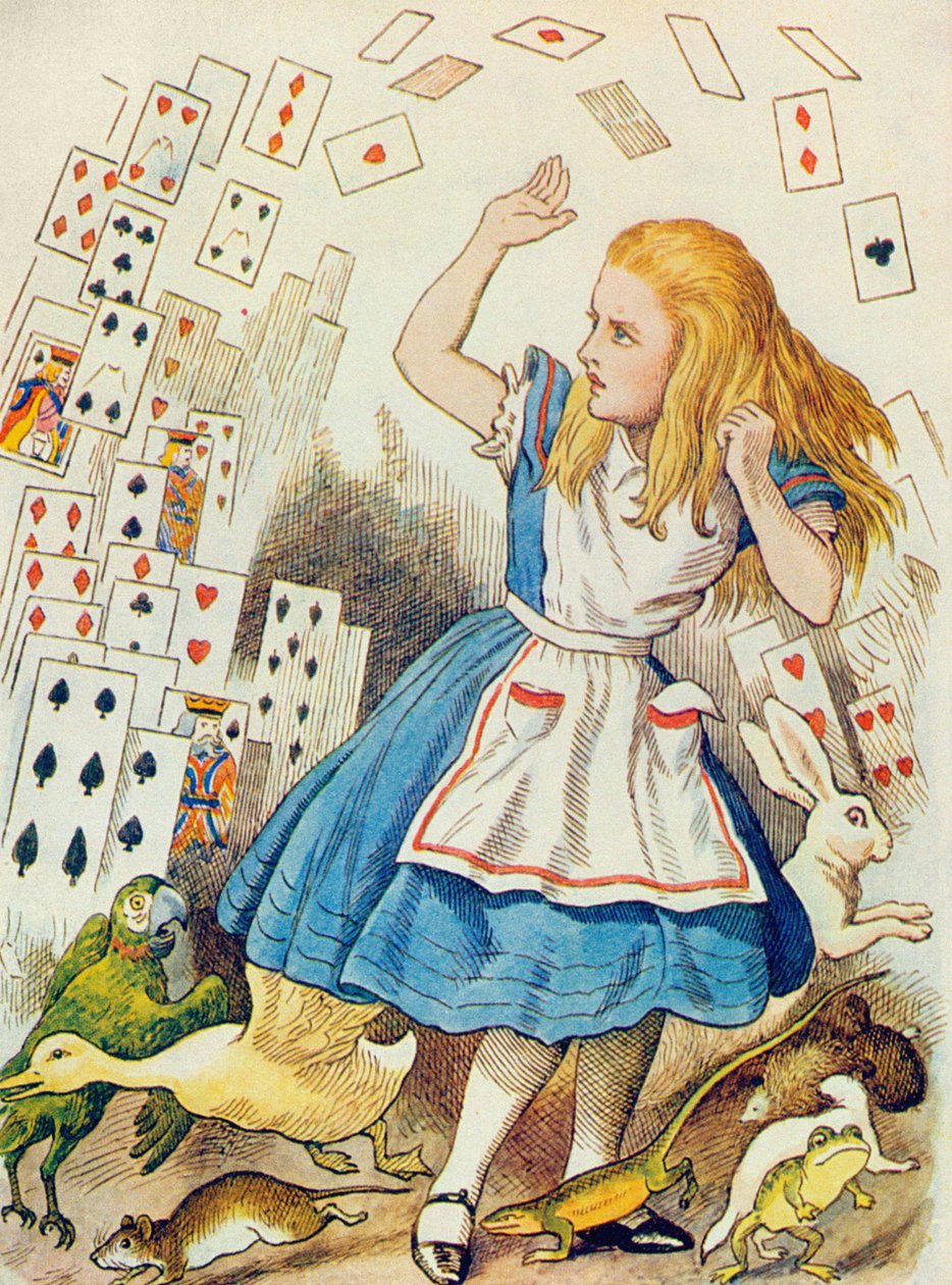O chuveiro de cartões, ilustração de &39;Alice no país das maravilhas&39; por Lewis Carroll (1832-98) de John Tenniel