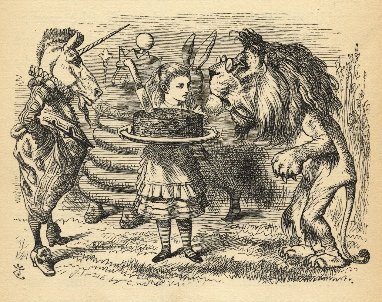 A partilha do bolo entre o Leão e o Unicórnio, ilustração de "Através do Espelho", de Lewis Carroll (1832-1898), publicada pela primeira vez em 1871 de John Tenniel