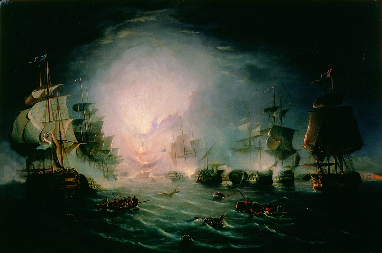 A explosão do navio do comandante francês &39;L&39;Orient&39; na Batalha do Nilo, 1798 de John Thomas Serres