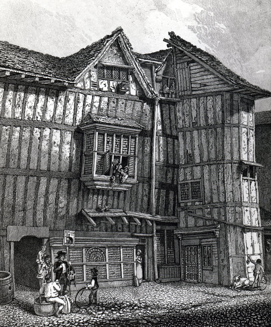 Vista sudeste, de, a, casa velha, ultimamente, ficar, em, Sweedon&39;s, passagem, Grub, rua, publicado, 1811 de John Thomas Smith