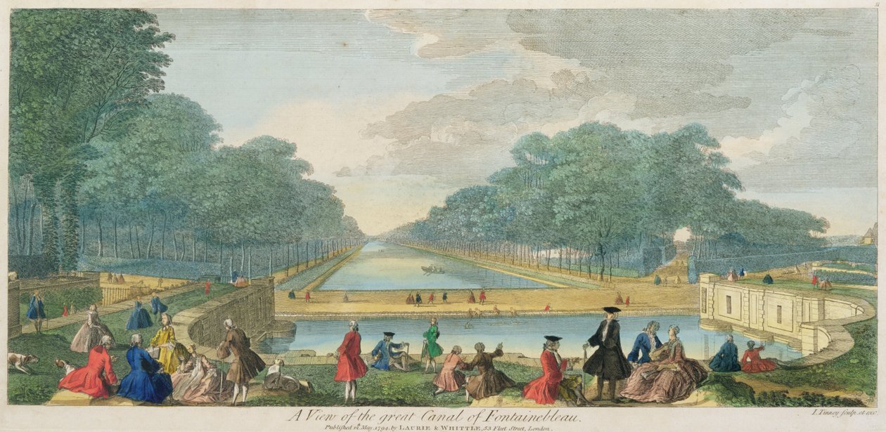 Uma vista do grande canal de Fontainebleau, publicada em 1794 (gravura a cores) de John Tinney
