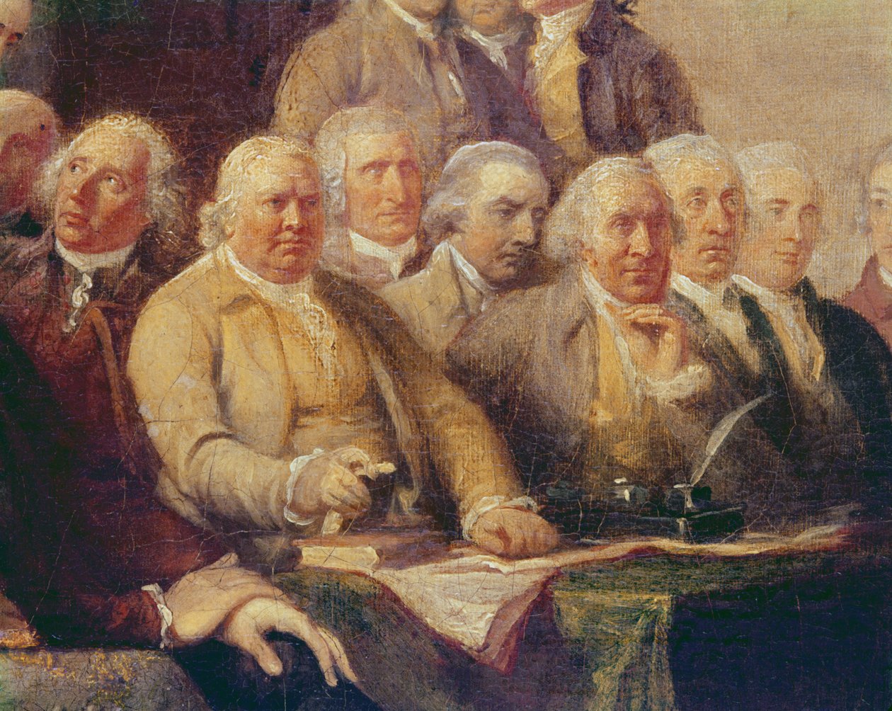 Elaboração da Declaração de Independência, 28 de junho de 1776, c.1817 (detalhe de 702745) de John Trumbull