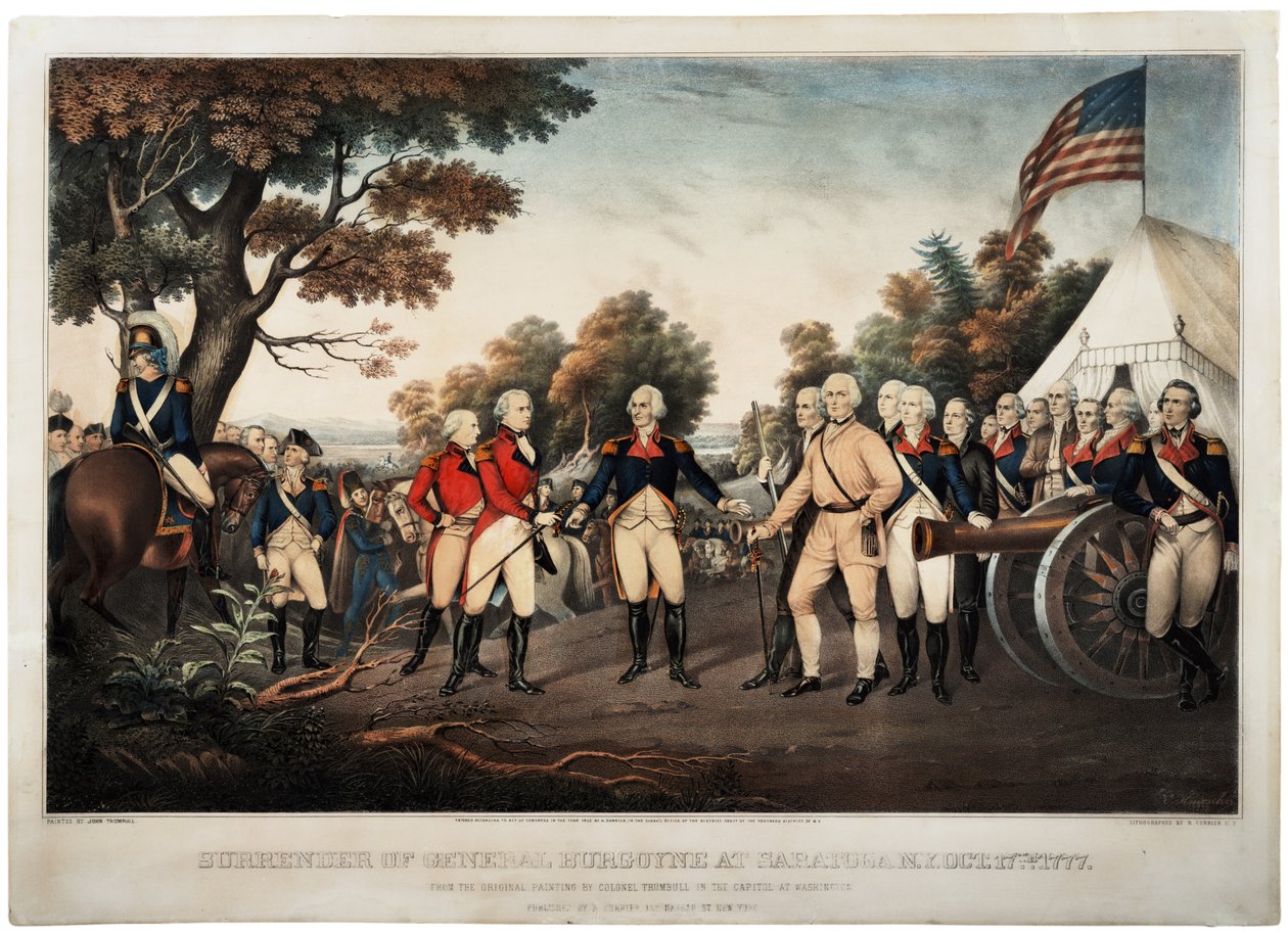 Rendição do general Burgoyne em Saratoga NY 17 de outubro de 1777 Nova York, gravura feita por Nathaniel Currier, 1852 de John Trumbull