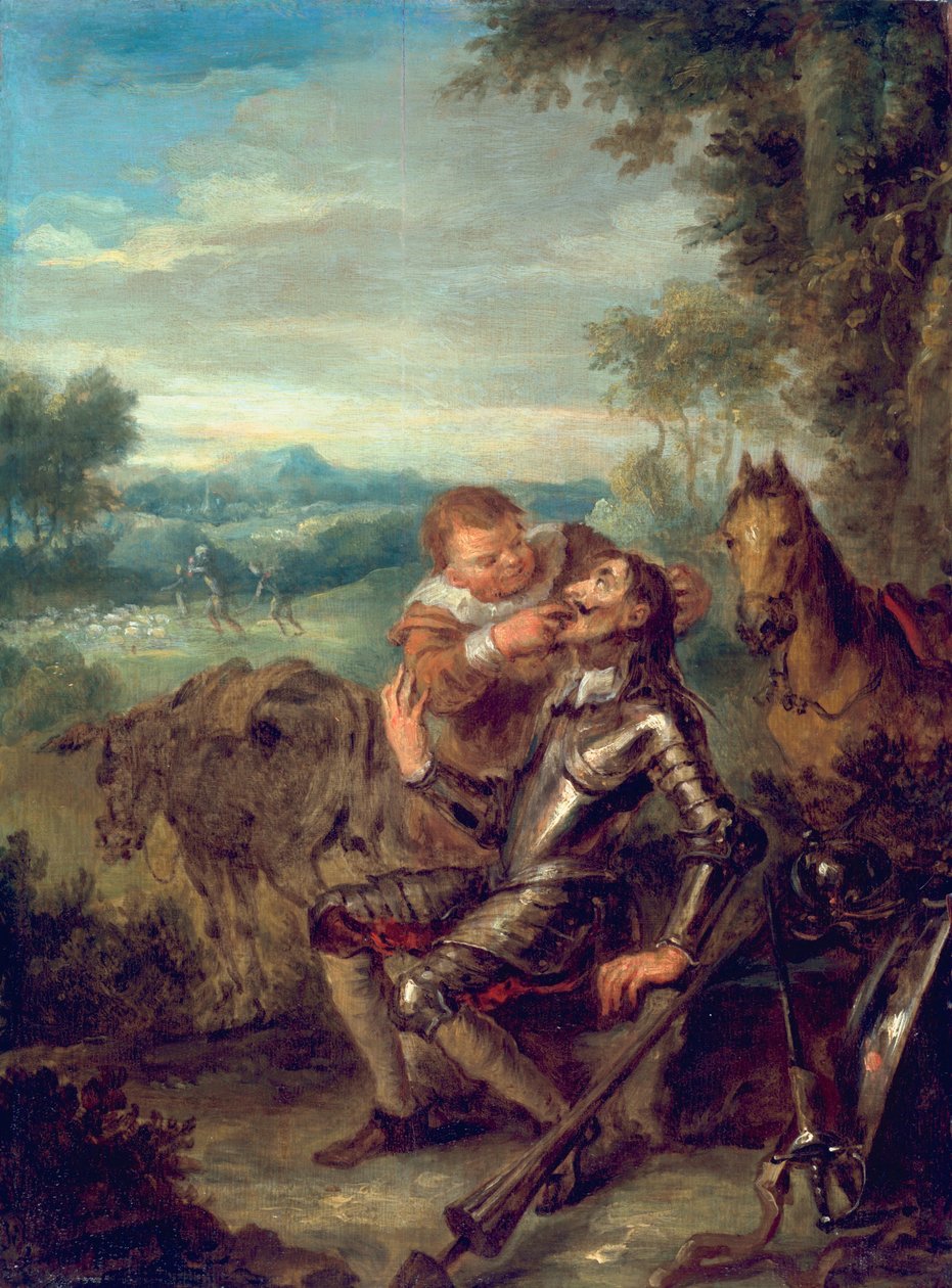 Cena de Dom Quixote: Sancho Pança conta os dentes de Dom Quixote, 1735 de John Vanderbank