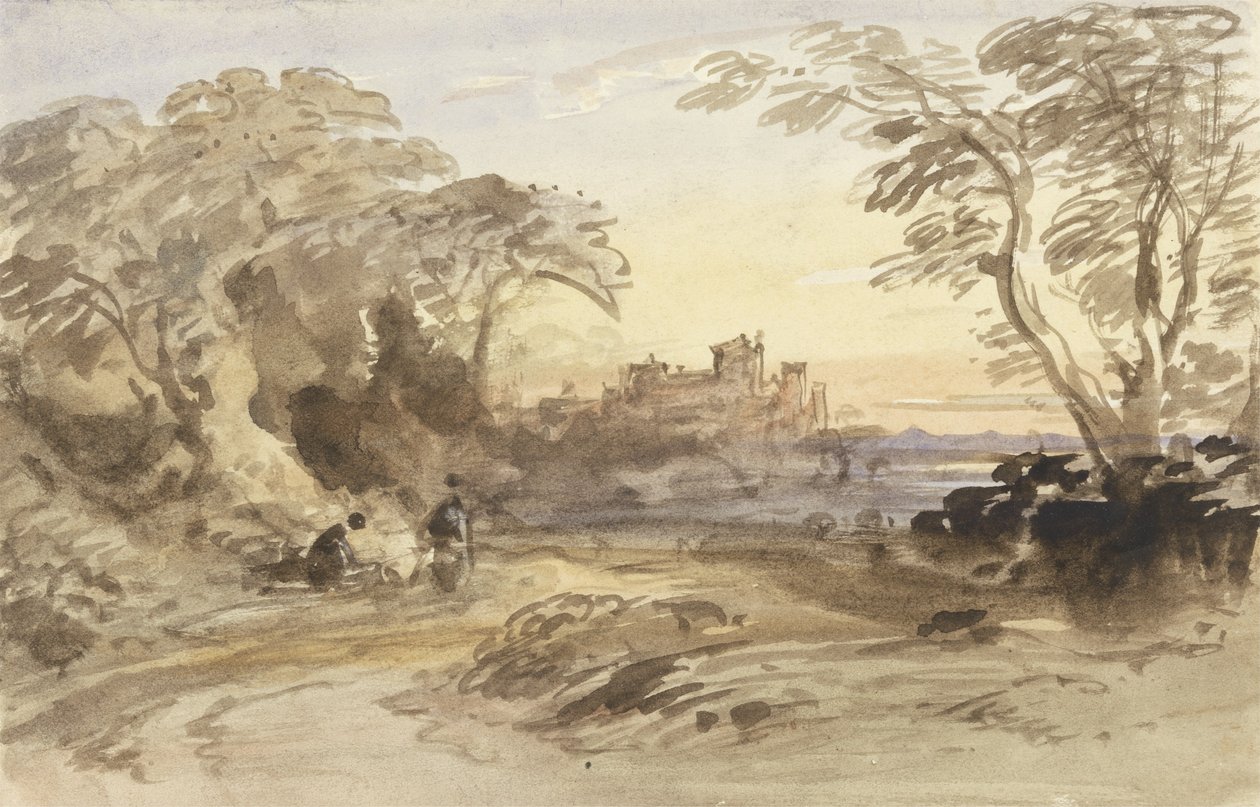 Paisagem com figuras e castelo distante de John Varley