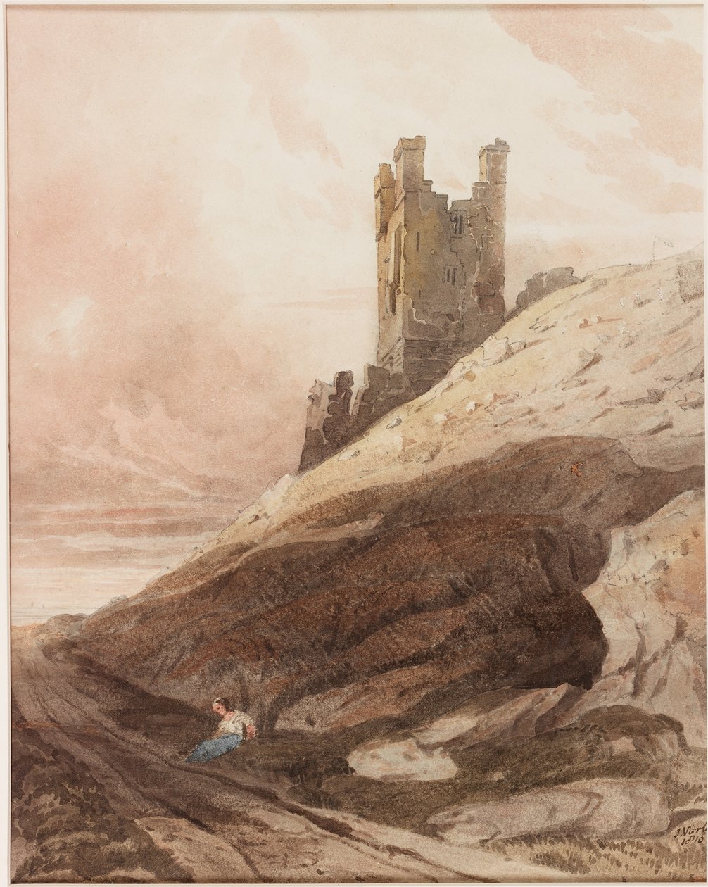 Lilburn Tower, Dunstanburgh Castle (lápis e aquarela sobre papel (colado a bordo)) de John Varley