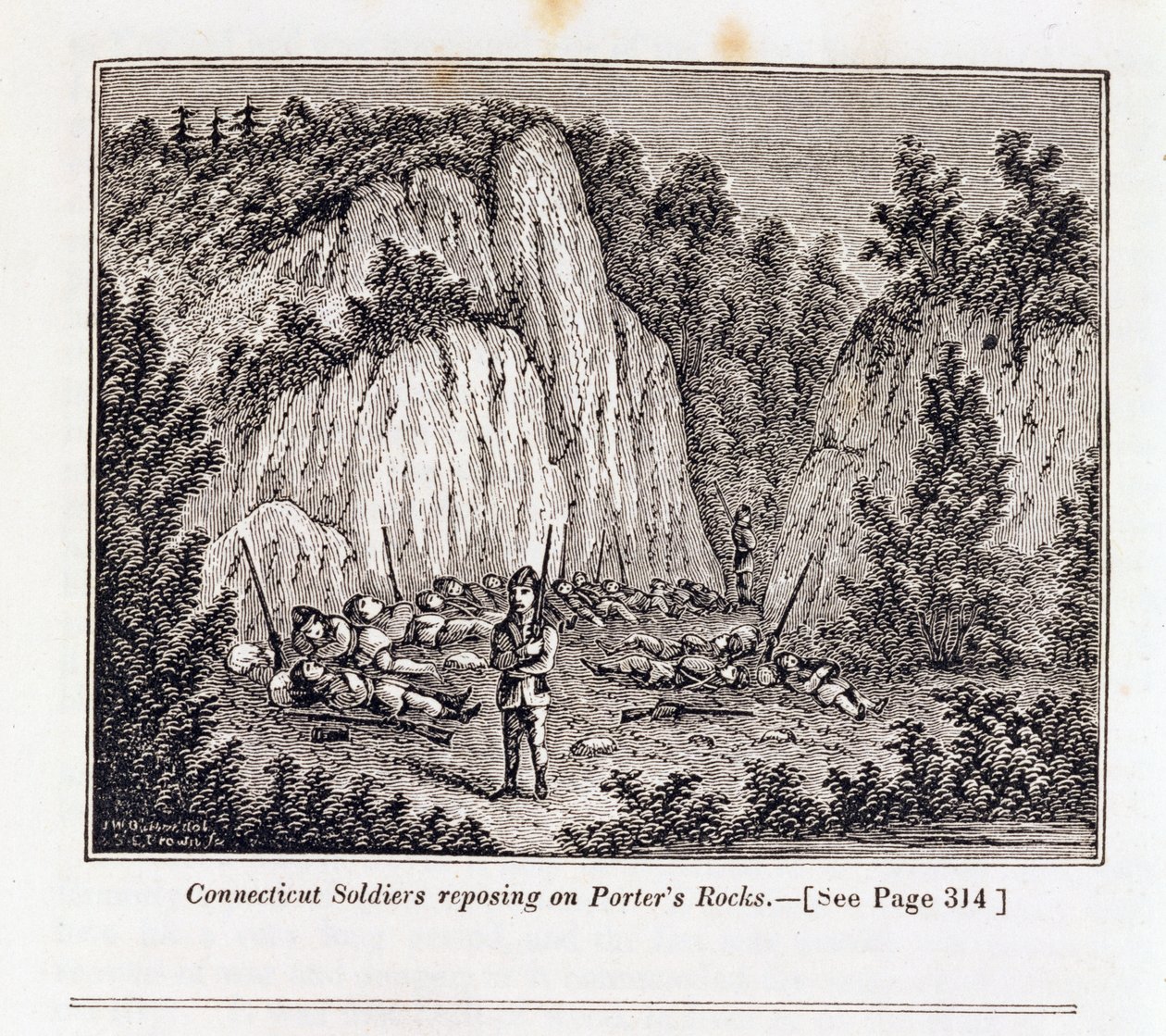 Soldados de Connecticut repousando na rocha de Porter antes de atacar o forte de Pequot, de "coleções históricas de Connecticut", por John Warner Barber, gravado por SE Brown, 1856 de John Warner Barber