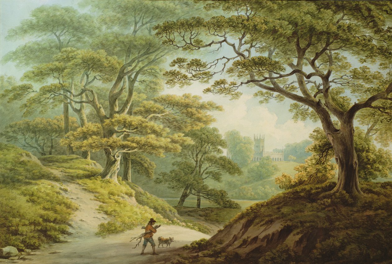 Castelo de Auckland, Co. Durham - Vista sobre o rio Gaunless, com a Capela do Bispo Cosin (aguarela sobre papel) de John Warwick Smith