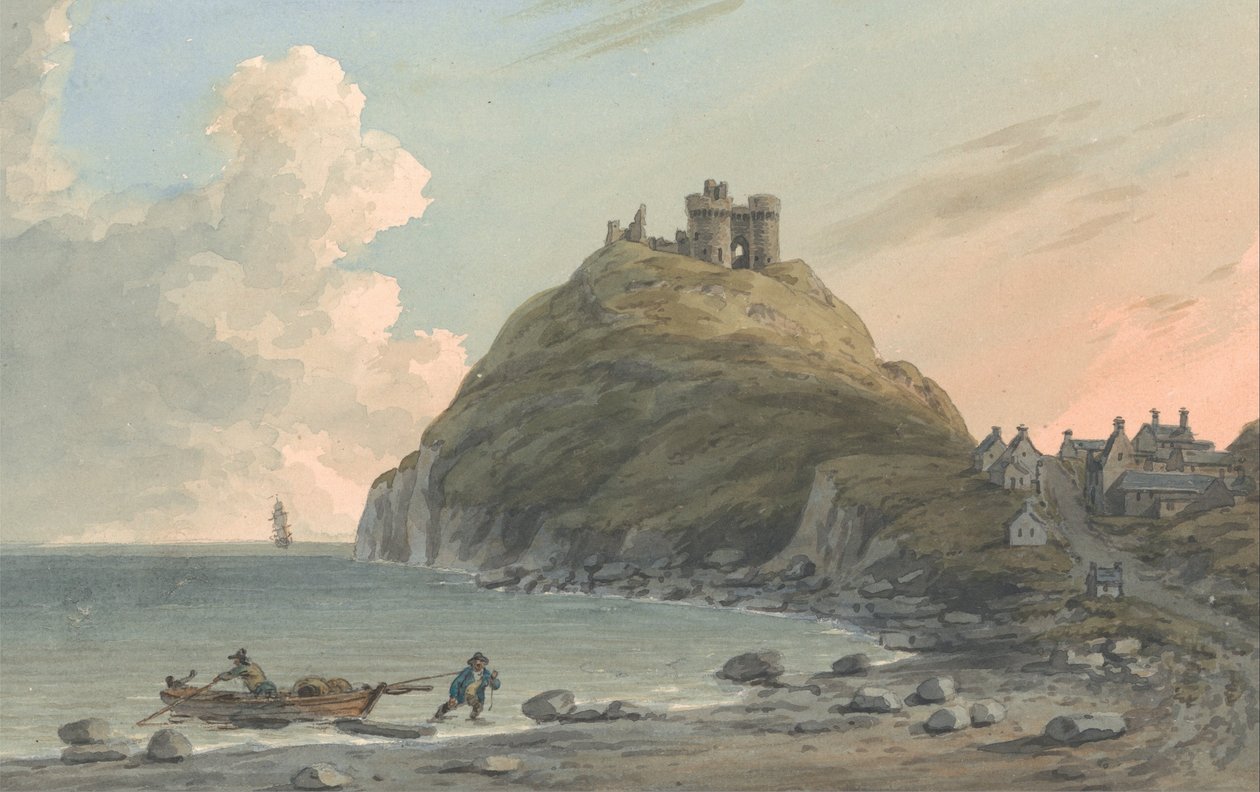 Ruínas do Castelo de Cricceith e parte da cidade na Baía em Cardigan. Vista leste, Carnarvonshire. de John Warwick Smith