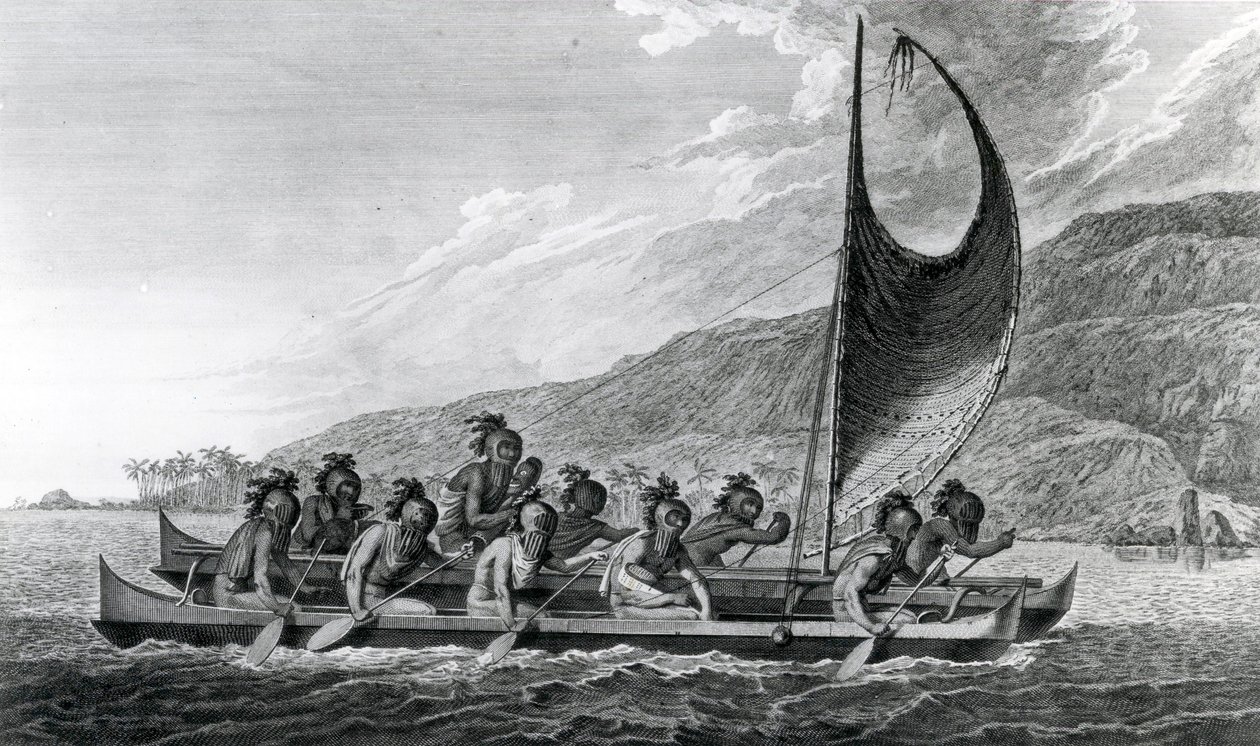 Uma canoa das Ilhas Sandwich, com os remadores mascarados, 1784 de John Webber