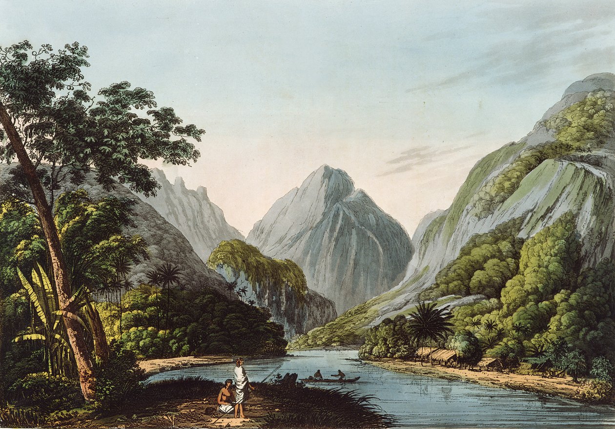Uma vista na baía de Oheitepha na ilha de Otaheite, da última viagem do capitão Cook, 1809 de John Webber