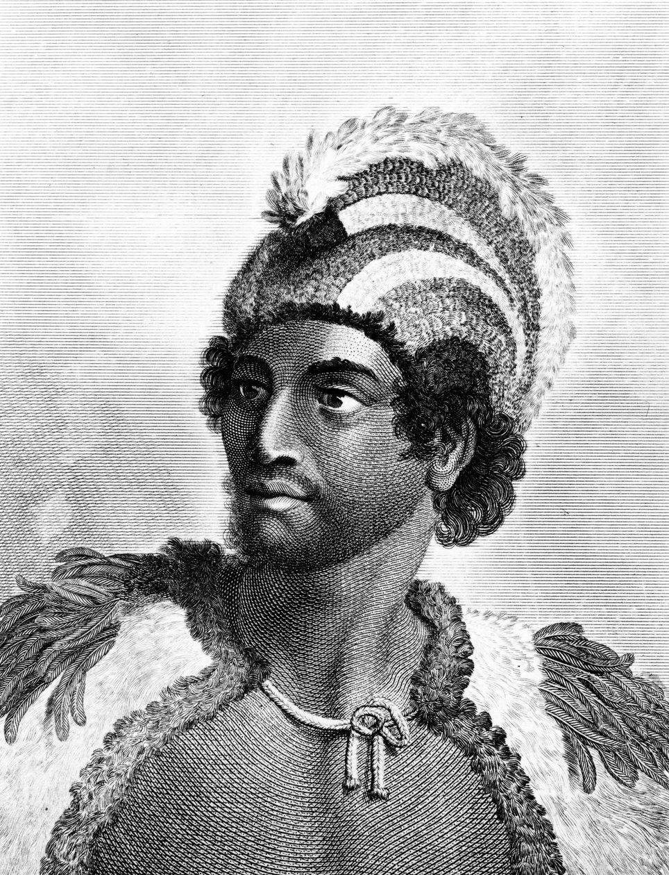 Retrato de Kaneena, um chefe das Ilhas Sandwich no Oceano Pacífico Norte, gravado por Ambrose William Warren de John Webber