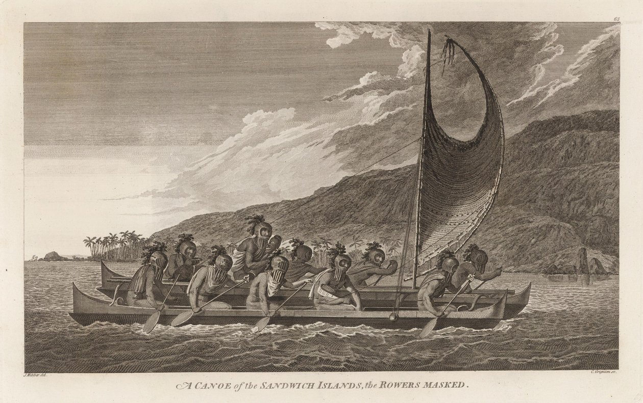 Sacerdotes viajando pela baía de Kealakekua para os primeiros rituais de contato. de John Webber