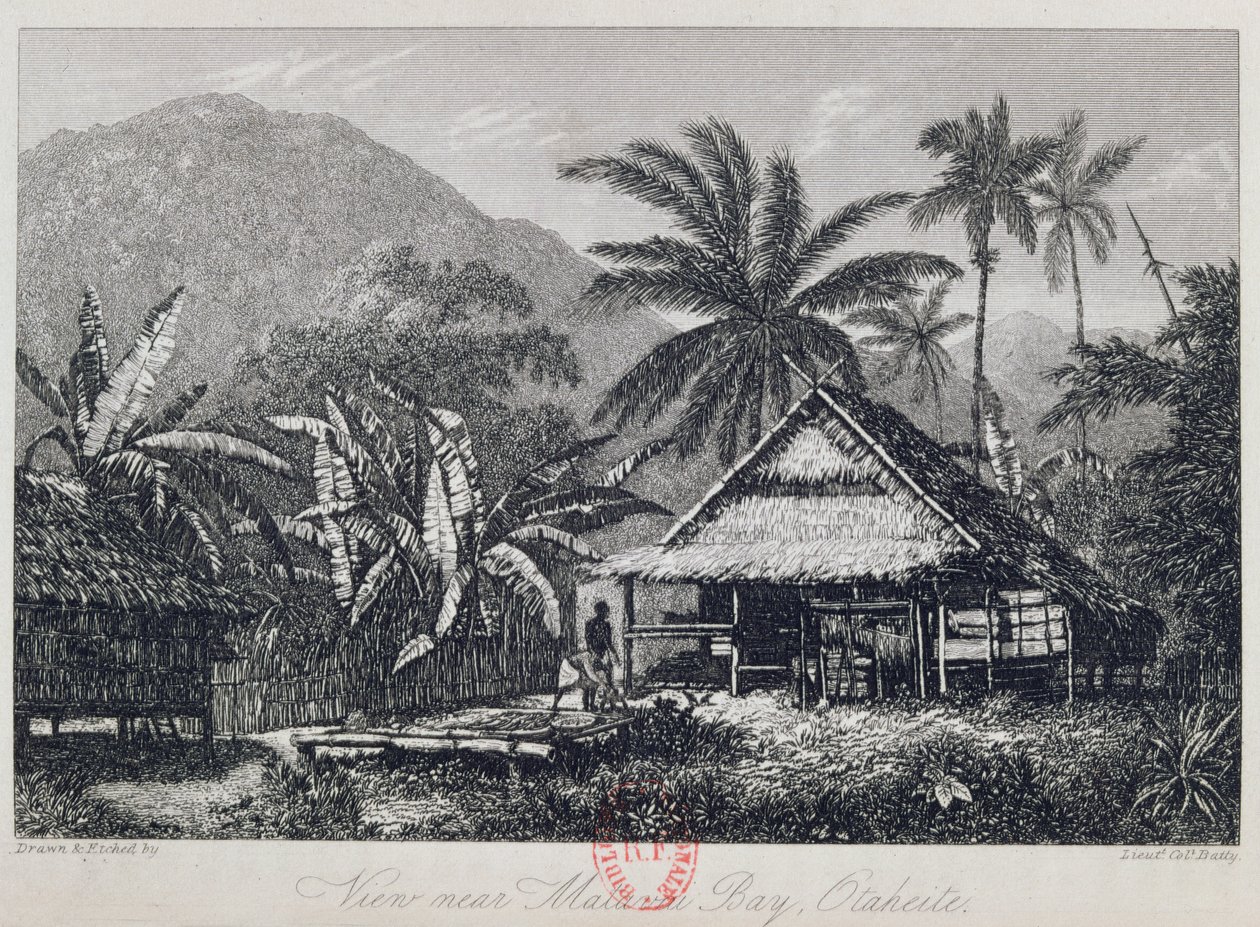 Vista perto da baía de Matavai, Otaheite, gravada pelo tenente-coronel Batty, de uma conta da viagem do HMS Bounty por John Barrow, 1835 de John Webber
