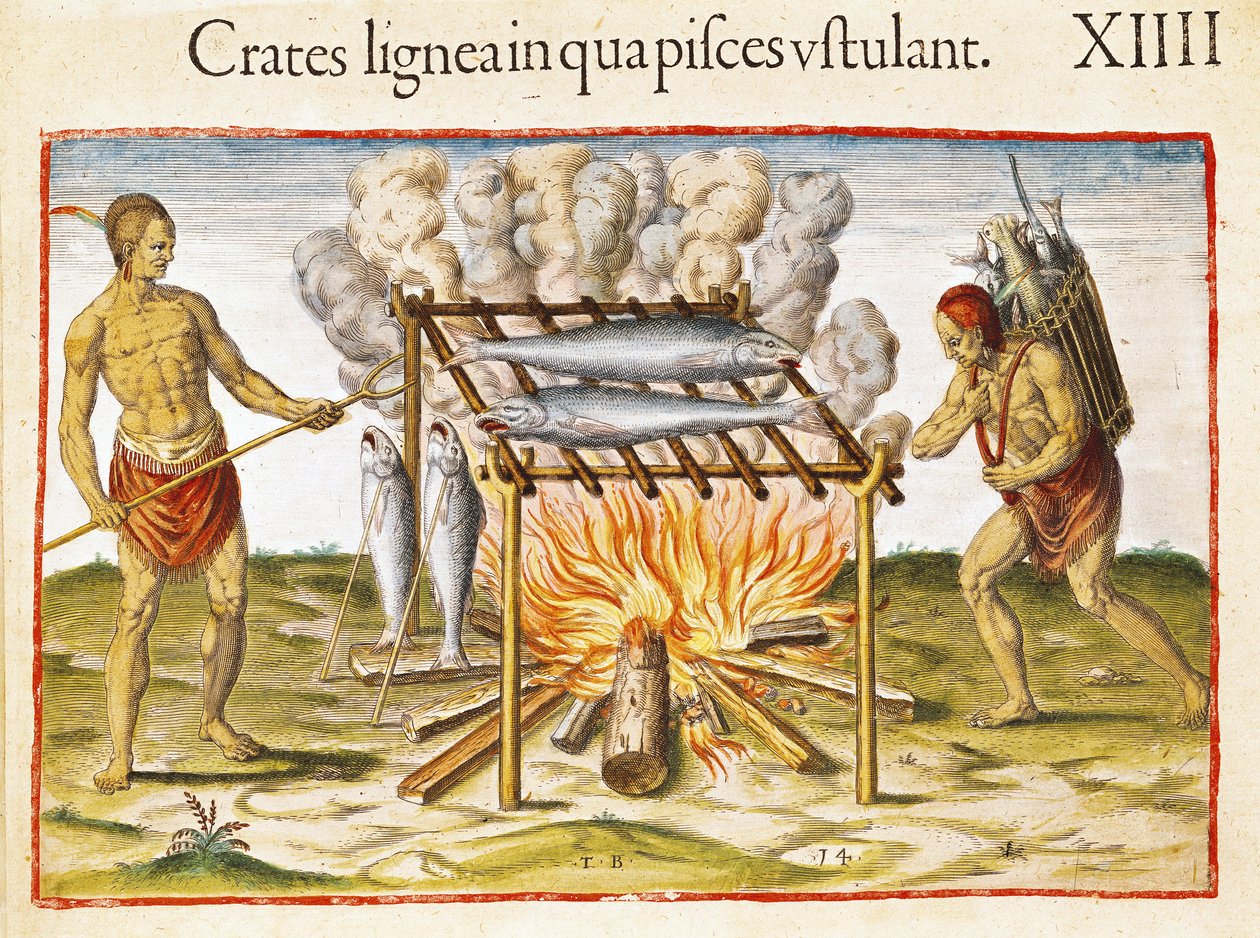 Cozinhar peixe, de &39;Admiranda Narratio ...&39;, gravado por Theodore de Bry (1528-98) 1585-88 de John White