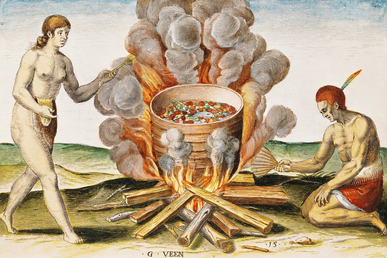 Cozinhar comida em um pote de terracota, de &39;Admiranda Narratio ...&39;, gravada por Gysbert van Veen (1562-1628) gravada por Theodore de Bry (1528-98) 1585-88 (cor gravura) de John White