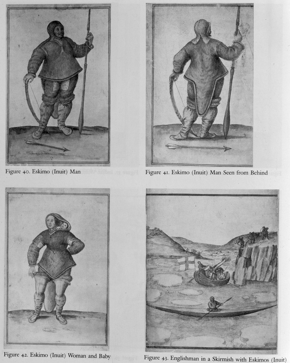 Homem Eskimo (Inuit); Eskimo (Inuit) homem visto de trás; Eskimo (Inuit) Mulher e Bebê; Ingleses em escaramuça com esquimós (Inuit) de John White