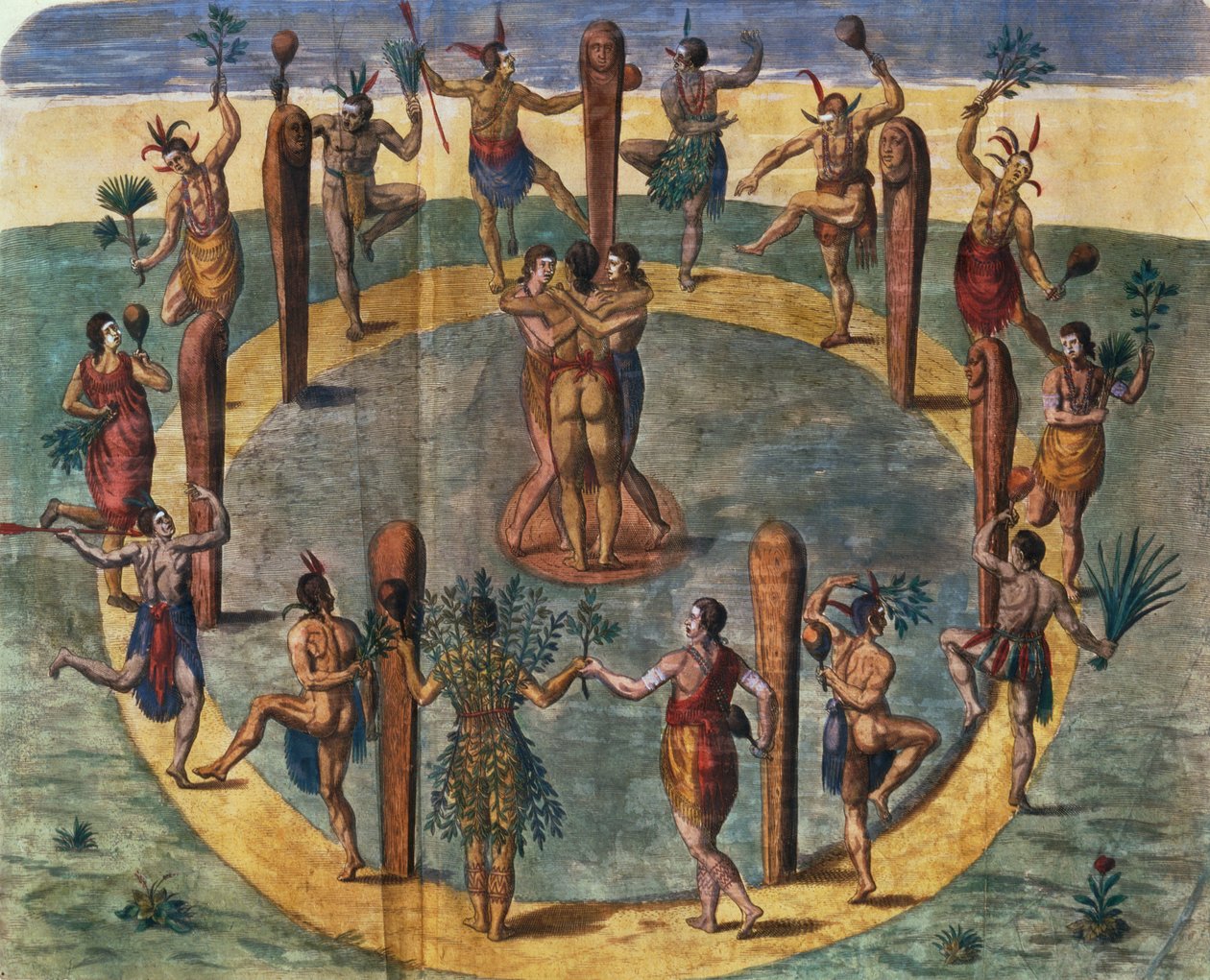 Dança ritual indiana da aldeia de Secoton, ilustração de livro, c.1570-80 (ver 87469) de John White
