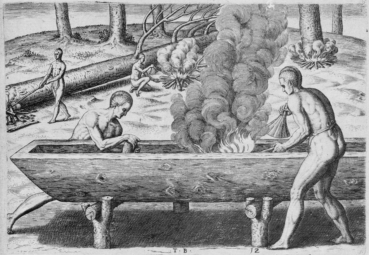 Índios fazendo canoas, de &39;Admiranda Narratio&39;, gravada por Theodor de Bry (1528-1598) 1590 de John White