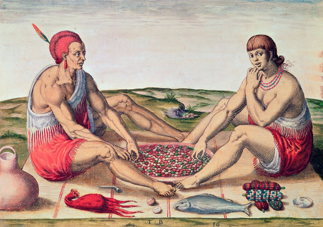 Índios comendo uma refeição, página 77 de &39;Admiranda Narratio ...&39;, gravado por Theodore de Bry (1528-98) 1585-88 de John White