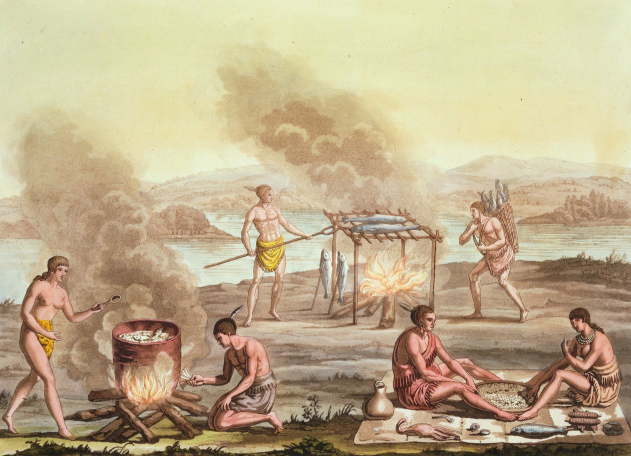 Nativos indígenas da Flórida preparando e cozinhando alimentos de John White