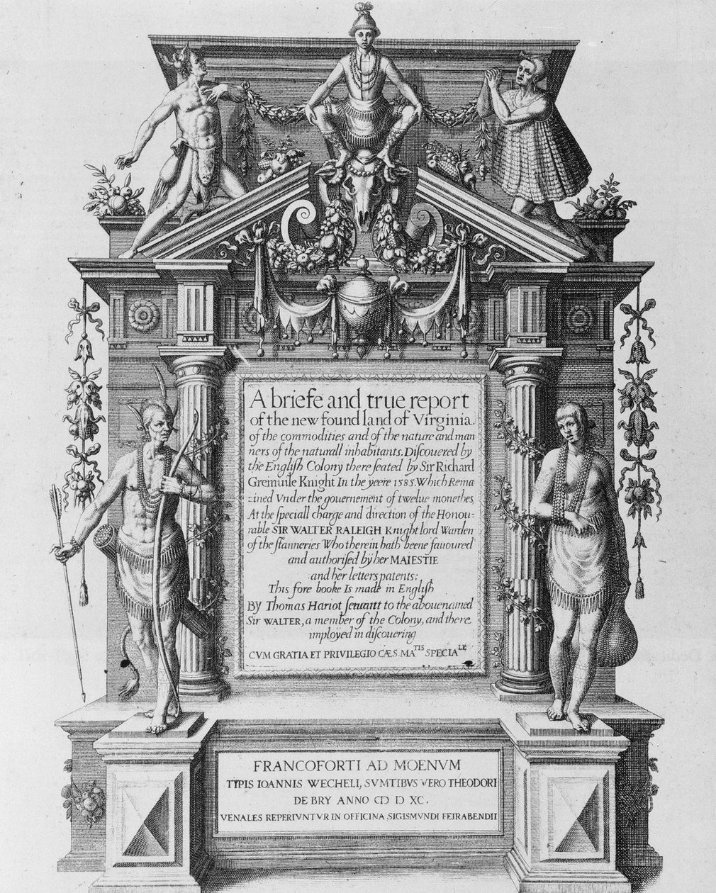 Página de título principal de &39;Um Breve e Verdadeiro Relatório da Nova Terra Encontrada da Virgínia&39;, gravado por Theodor de Bry (1528-1598) de John White