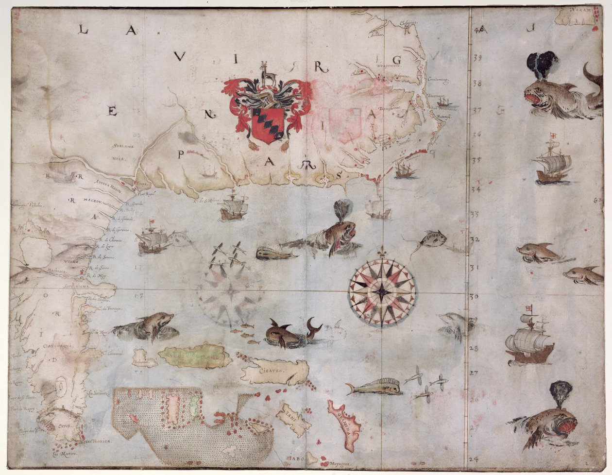 Mapa da América do Norte Oriental: Flórida à Baía de Chesapeake (litografia) de John White