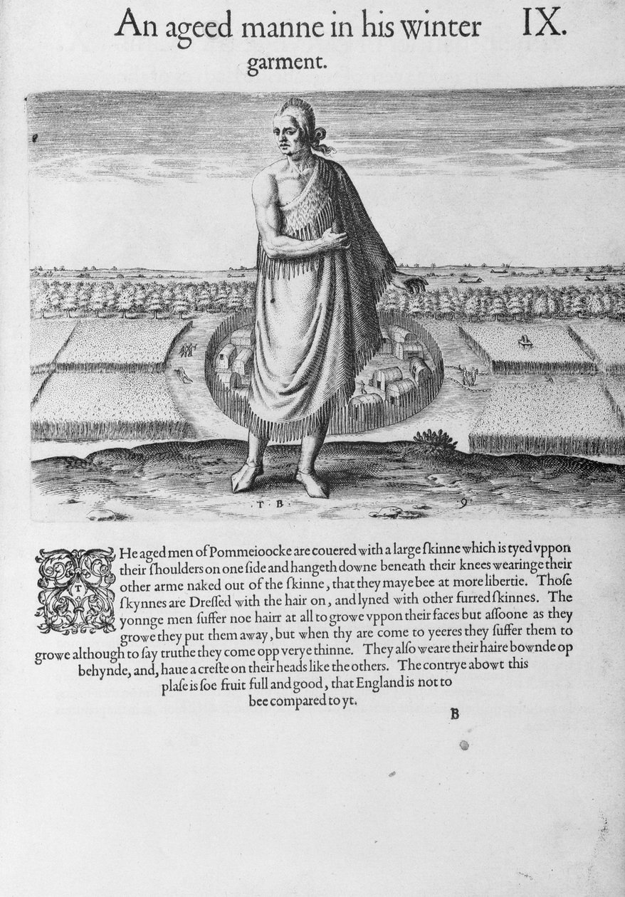 Velho índio em sua roupa de inverno, de "um breve e verdadeiro relatório da nova terra encontrada da Virgínia" por Thomas Harriot (1560-1621) gravado pelo Theodore de Bry (1528-1598) pub. em 1590 de John White