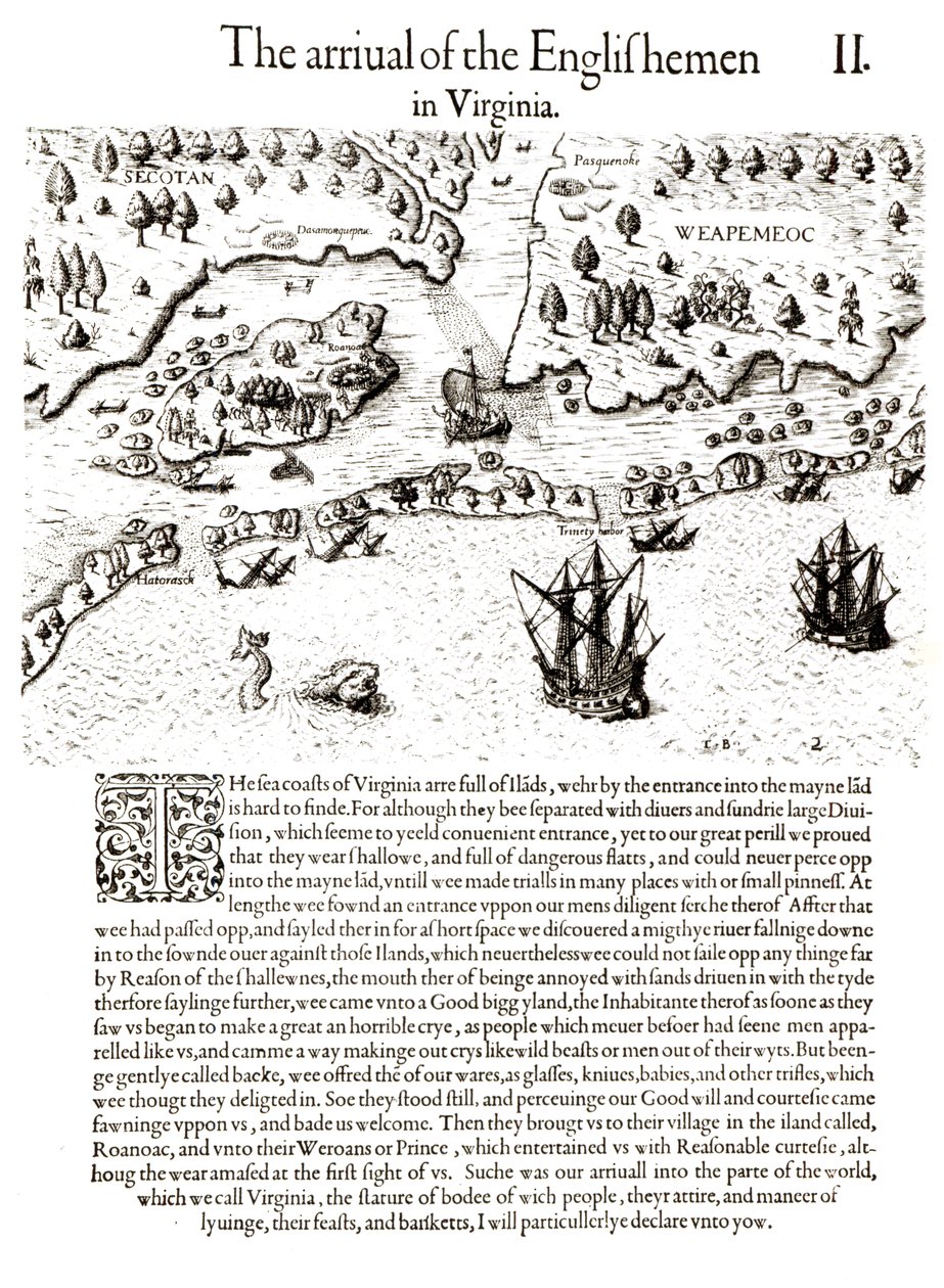 A chegada dos ingleses em Virgínia, placa de "um relatório breve e verdadeiro da terra encontrada nova de Virgínia" por Thomas Harriot (1560-1621) gravado por Theodore de Bry, bar. 1590 (incluído de John White