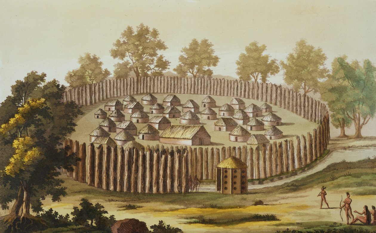 Aldeia de uma tribo indígena na Flórida, gravada por Gerolamo Fumagalli de John White
