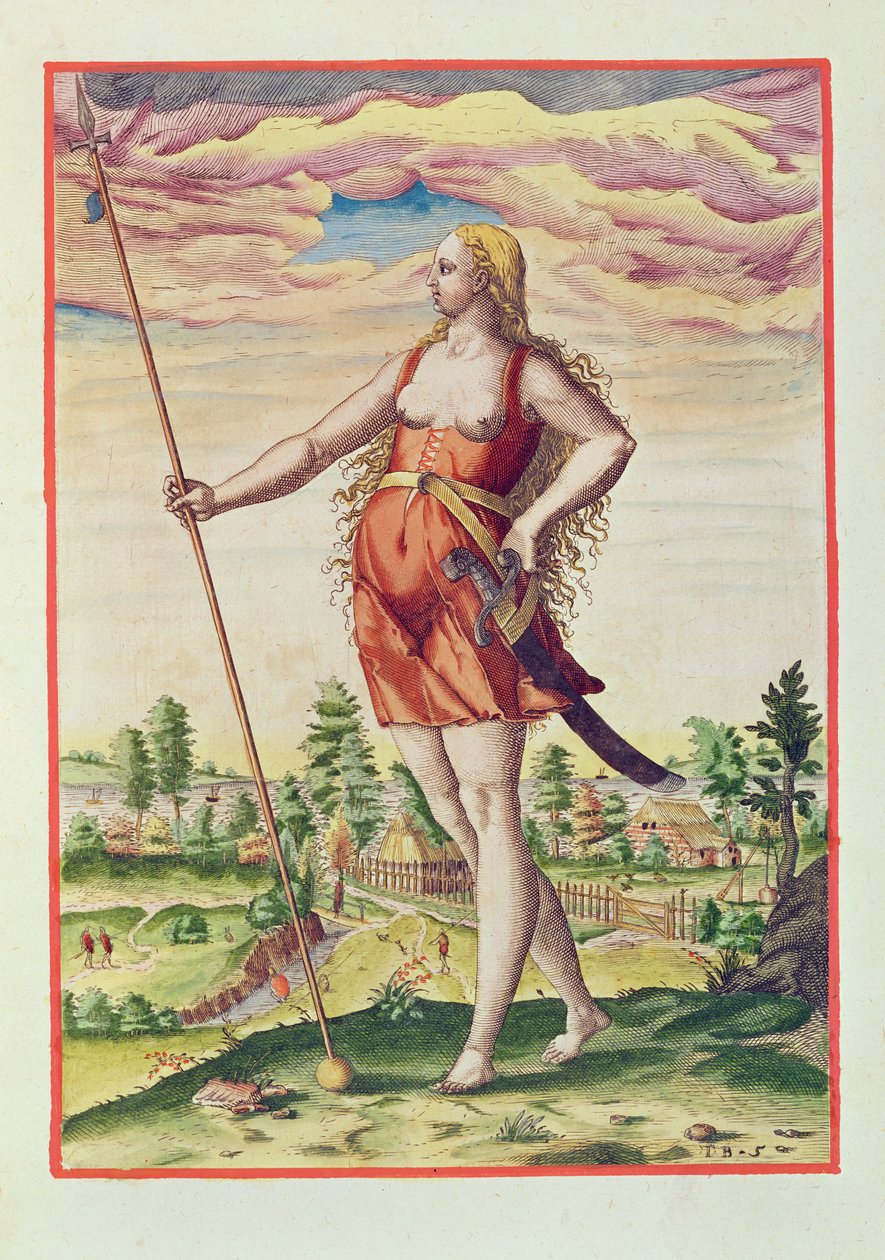 Jovem mulher de uma tribo vizinha aos pictos, de &39;Admiranda Narratio ..&39;, gravada por Theodore de Bry (1528-98) 1585-88 de John White