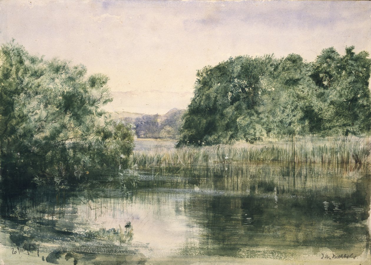 Vista de um lago com árvores, 1857 (aguarela sobre papel) de John William Inchbold