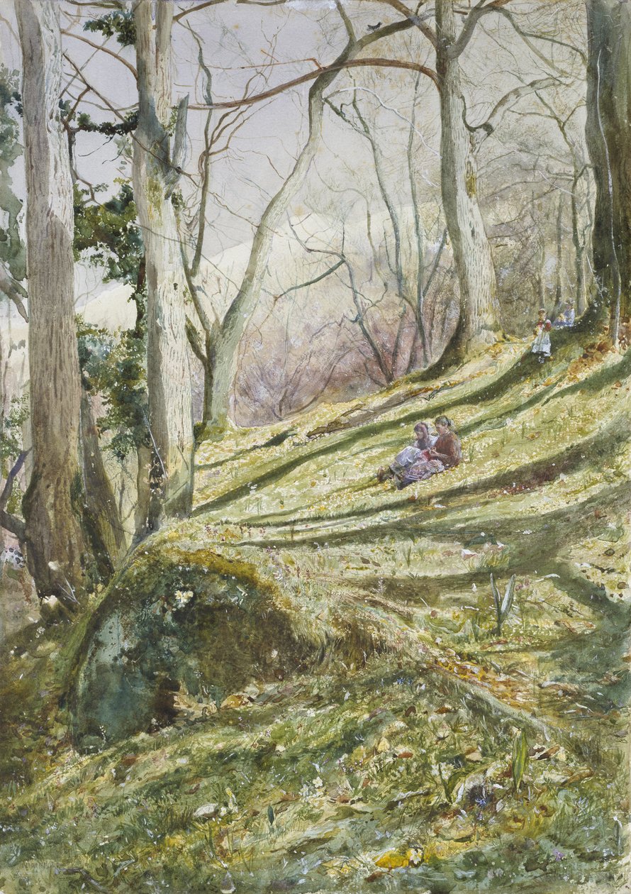 Inclinação arborizada com quatro figuras (aguarela no papel) de John William Inchbold