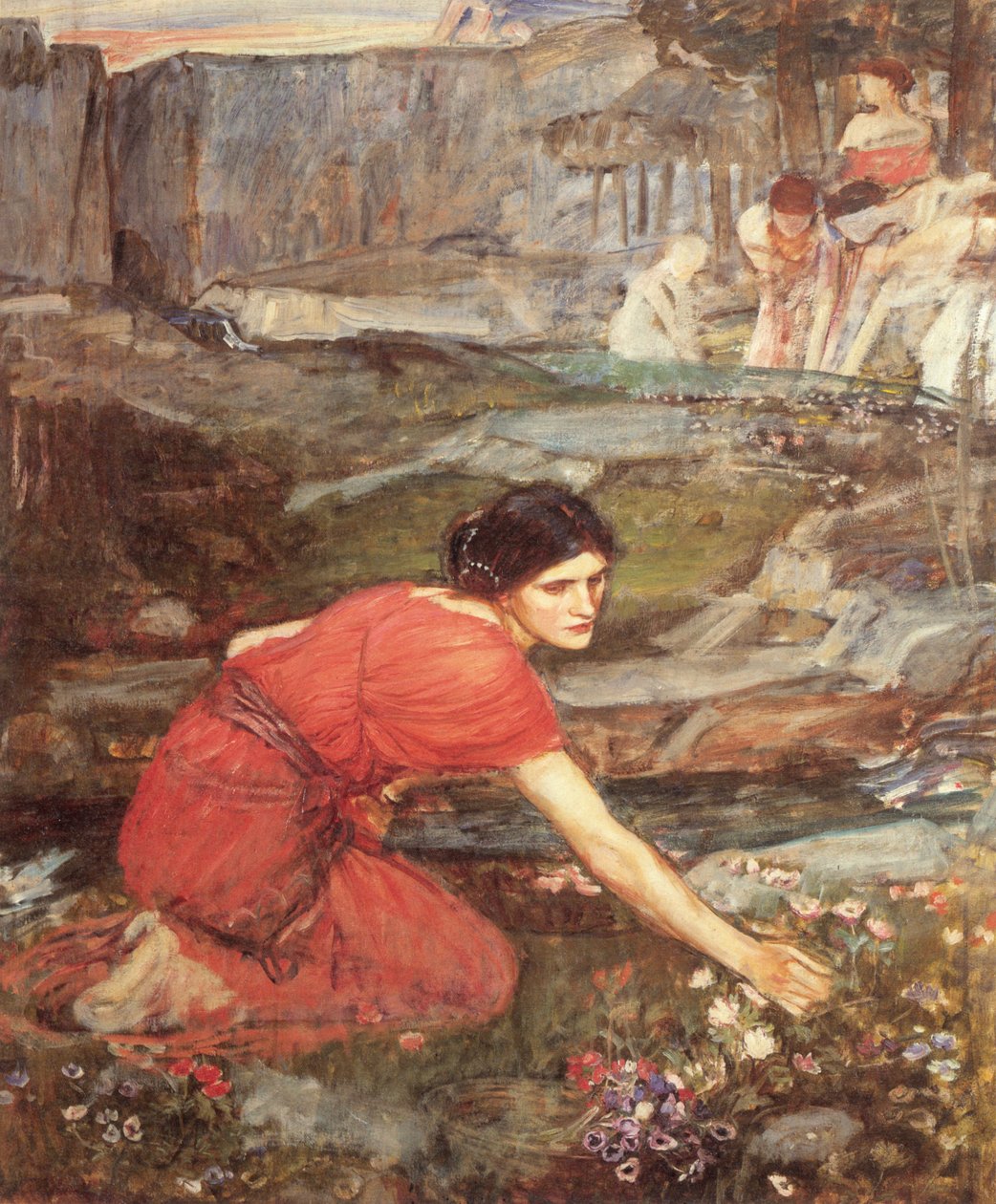 Donzelas colhendo flores por um córrego de John William Waterhouse