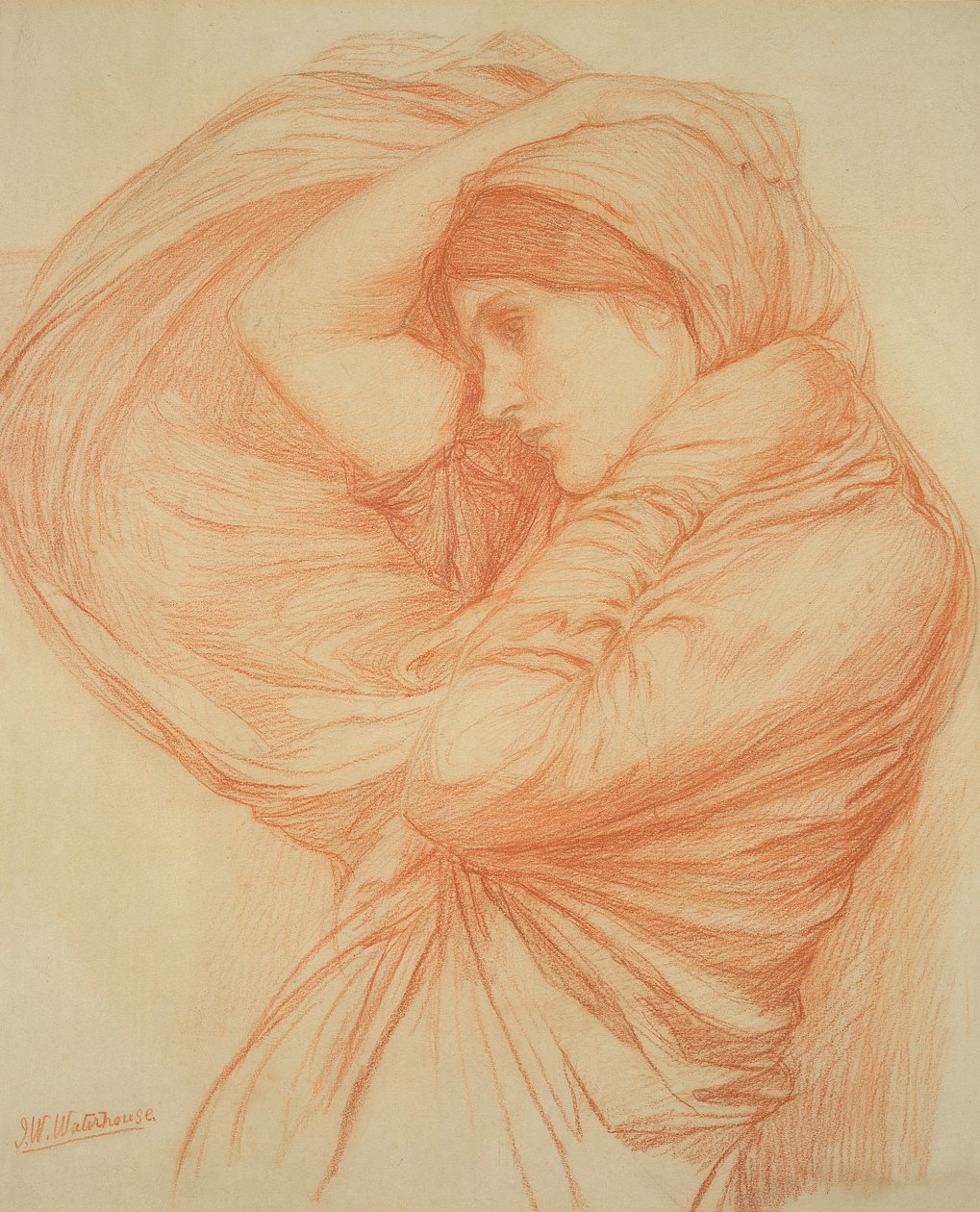 Estudo para &39;Boreas&39; (giz vermelho em papel matizado) de John William Waterhouse