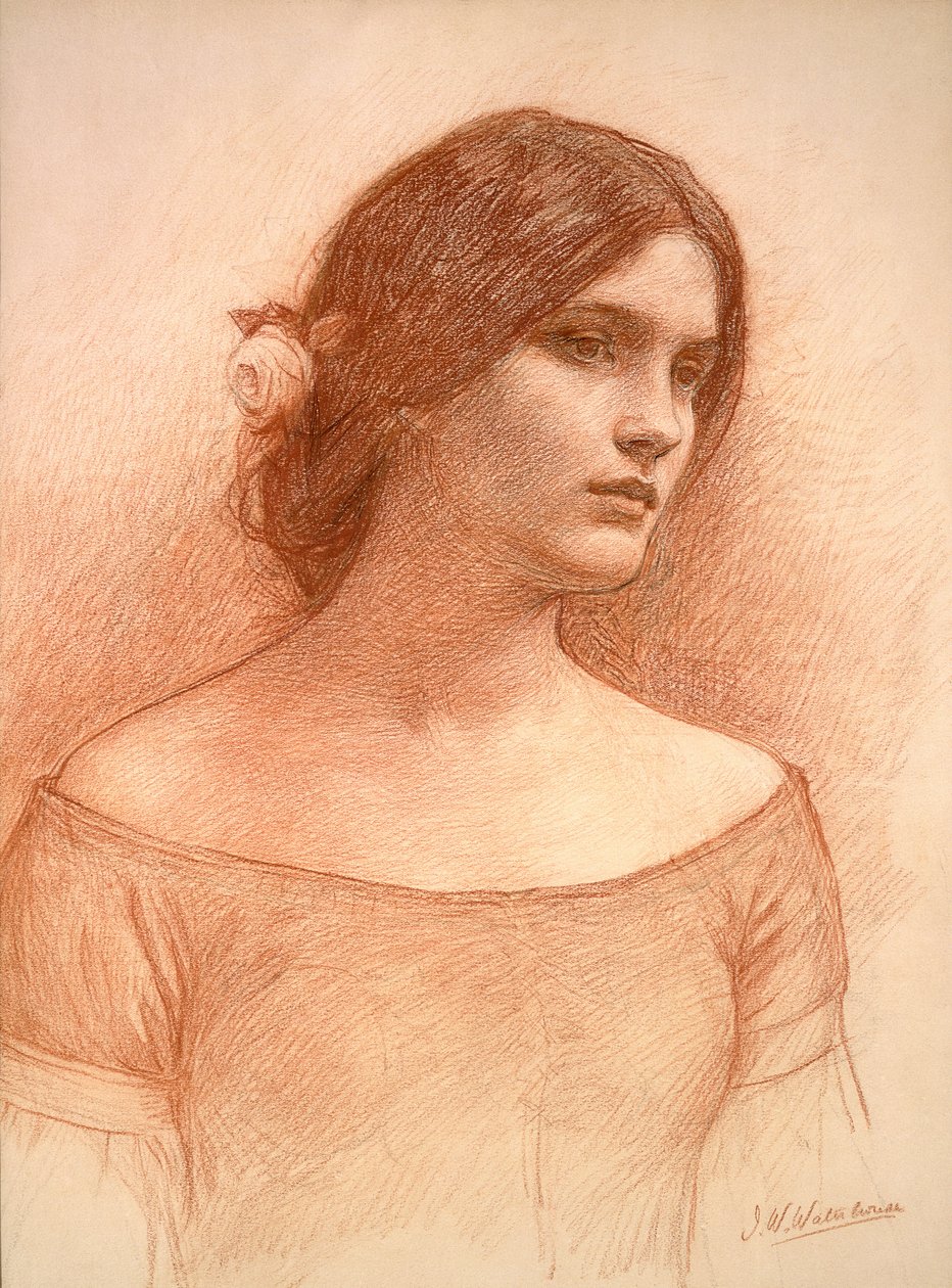 Estudo para &39;The Lady Clare&39;, c.1900 (giz vermelho sobre papel) (ver 55018) de John William Waterhouse