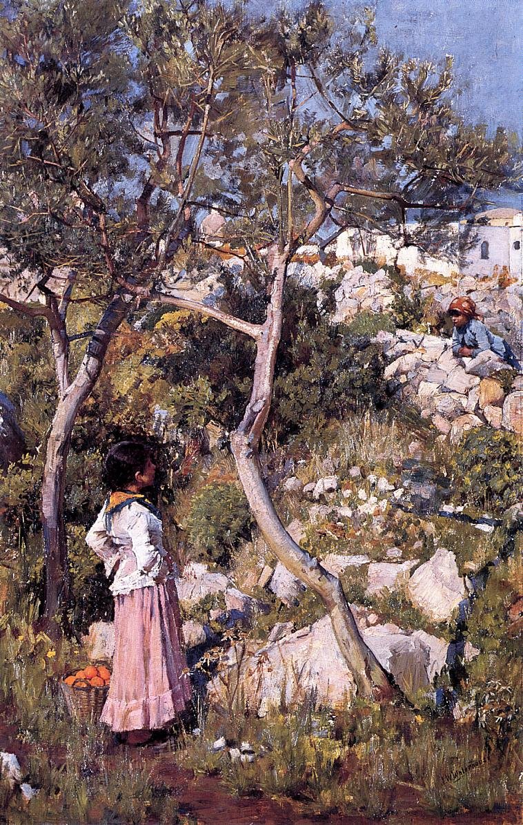 Duas garotinhas italianas por uma aldeia de John William Waterhouse