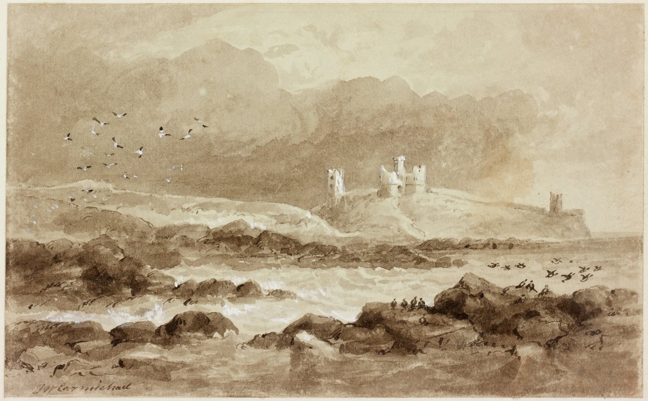 Dunstanburgh do Sul (bodycolour (branco) e tinta (sépia) no papel) de John Wilson Carmichael