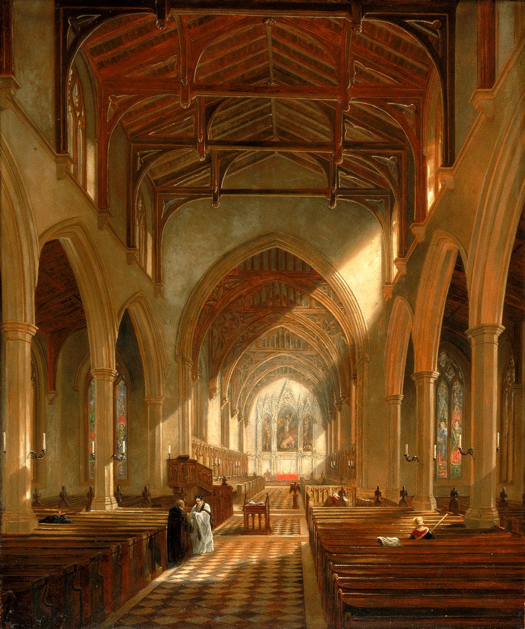 Interior da Igreja de São Pedro, Newcastle upon Tyne (óleo sobre papel) de John Wilson Carmichael