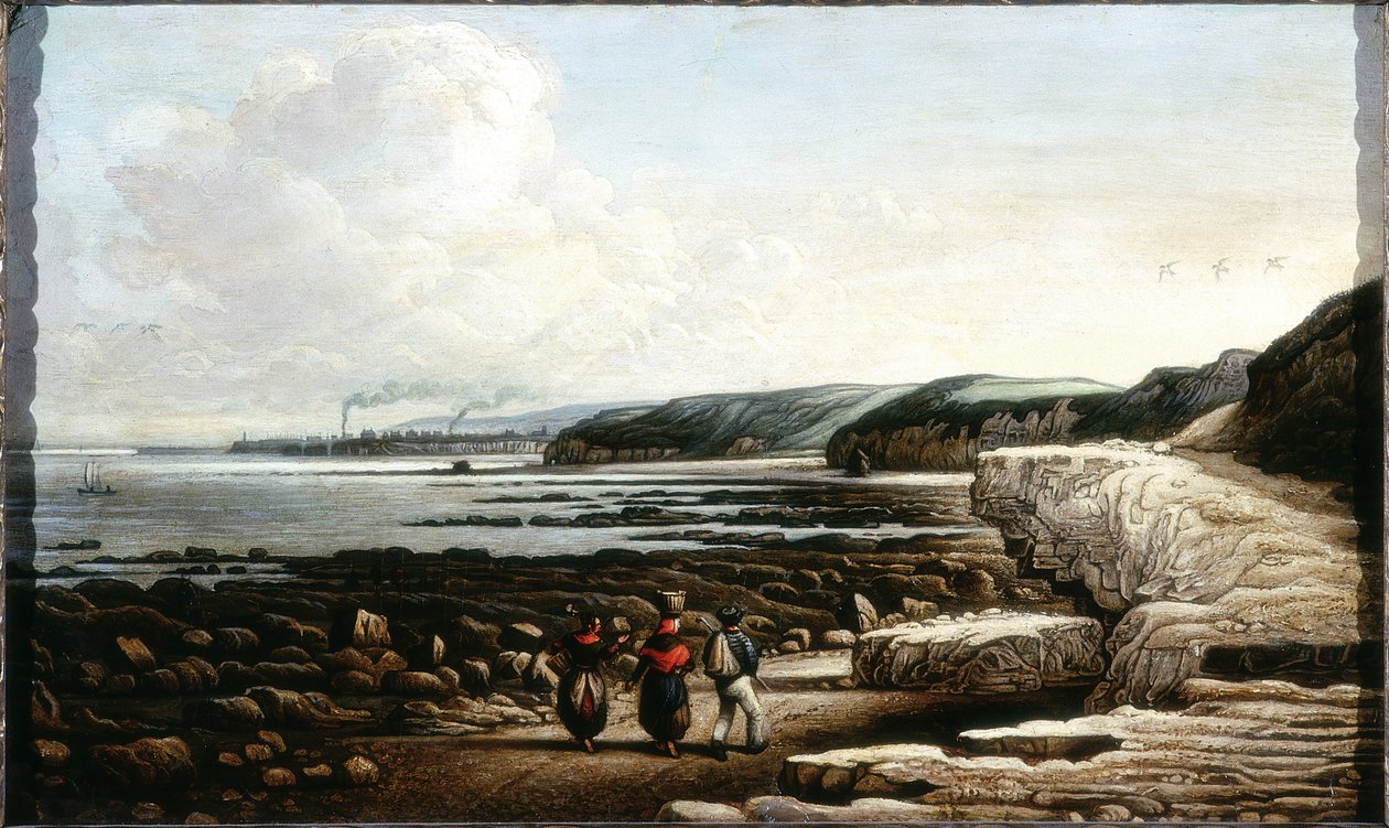 Coast Scene, Cullercoats (óleo e lápis no cartão) de John Wilson Ewbank