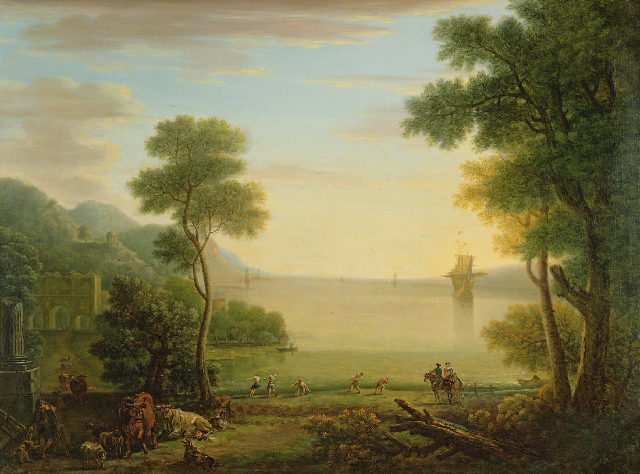 Paisagem clássica com figuras e animais, Sunset, 1754 de John Wootton